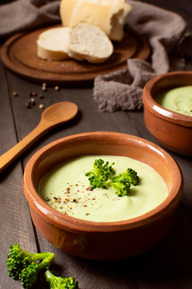 Sopa de brócolis com bacon.